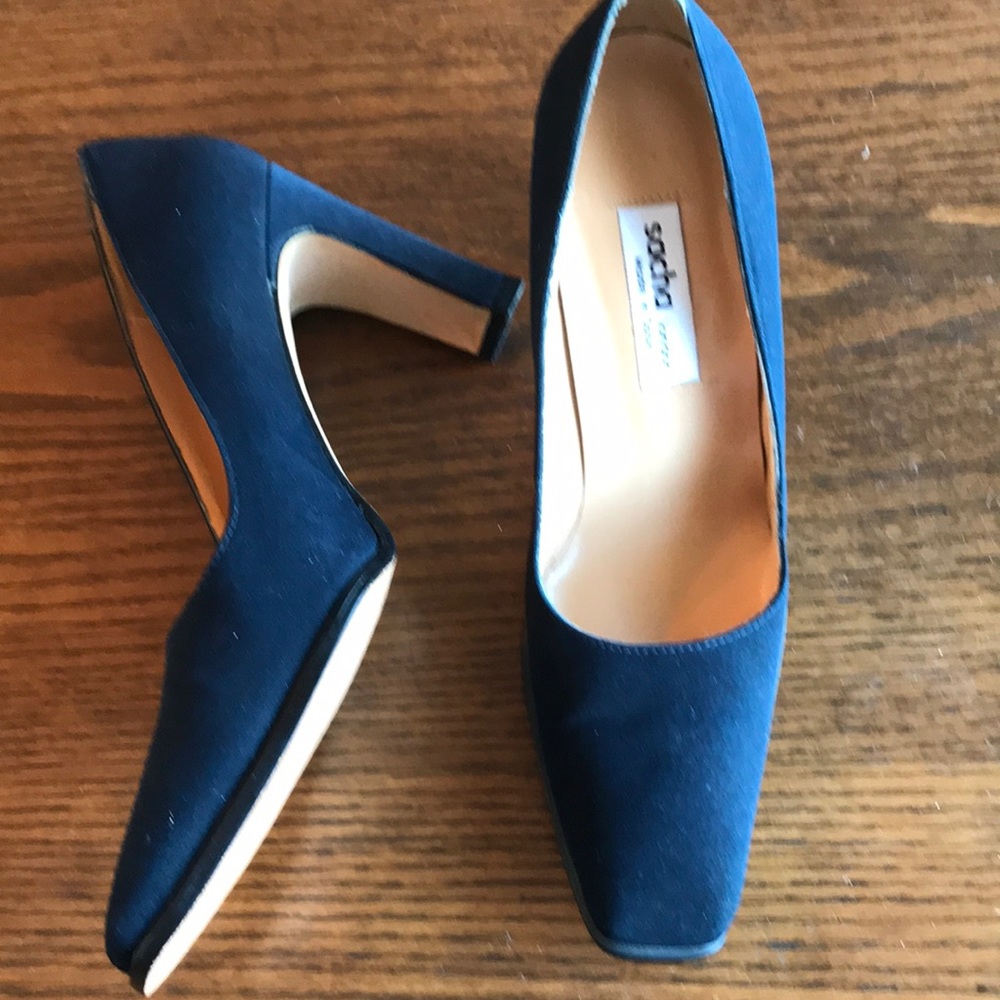 COPY - Sacha London navy fabric Spanish square toe pumps